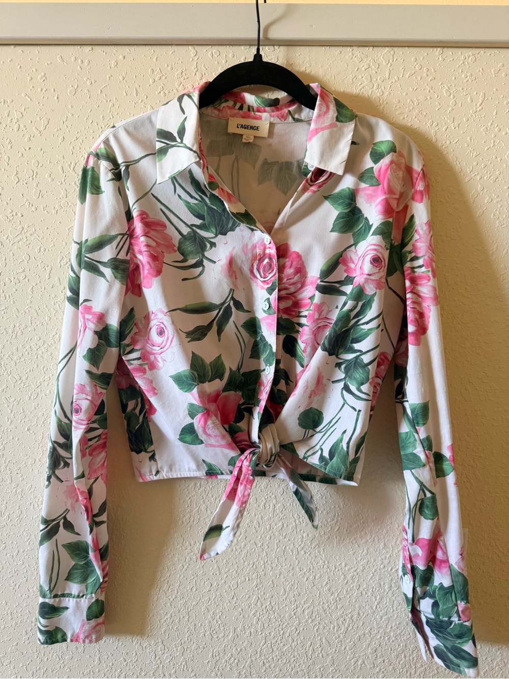 L'AGENCE White Pink Rose Print Tie-Front Button-Up Shirt